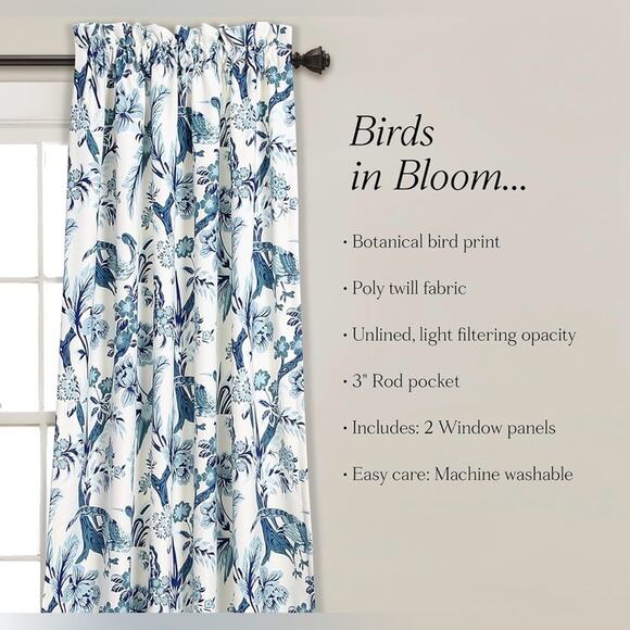 Lush Decor Blue Floral Bird Toile Print Light Filtering Curtains 52”W x 84”L NWT - Picture 5 of 13